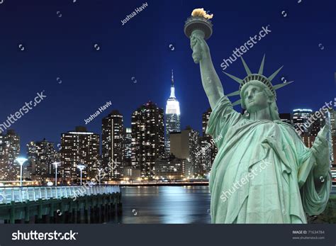 New York Statue Of Liberty Skyline At Night