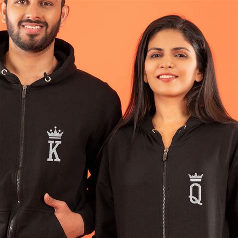 Full Zip Black Unisex Hoodies With King Queen Embroidery Gogirgit