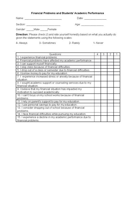 Survey Questionnaire on Financial Issues and Academic Performance PR2 - Studocu