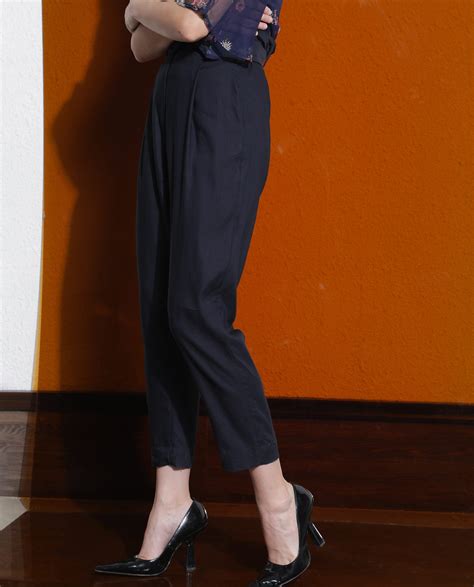 Rareism Women's Rachel Black Polyester Blend Plain Ankle Length Tailor