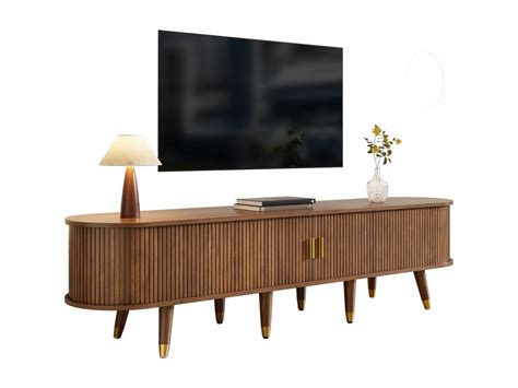 TV-meubel van 175 cm met rotan schuifdeur, walnoot afwerking, lades en ...