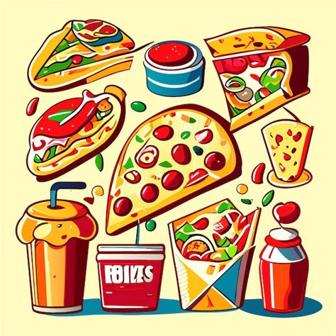 Raccolta di impostare cibo spazzatura malsano o fast food disegno in ...