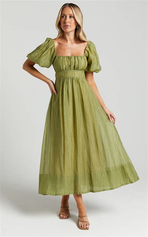 Roshina Midi Dress - Straight Neck Puff Sleeve Dress in Olive | Showpo ...