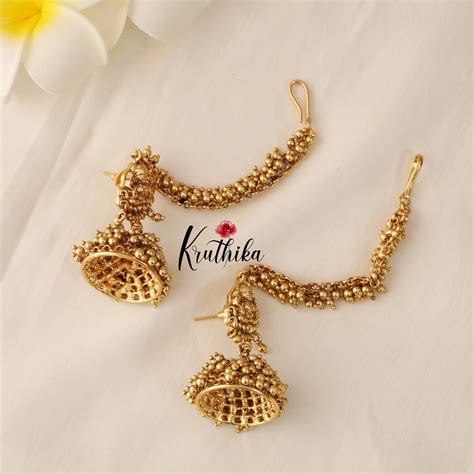 Premium golden beads Lakshmi Jhumkas with Ear Chains E426 – Kruthika ...