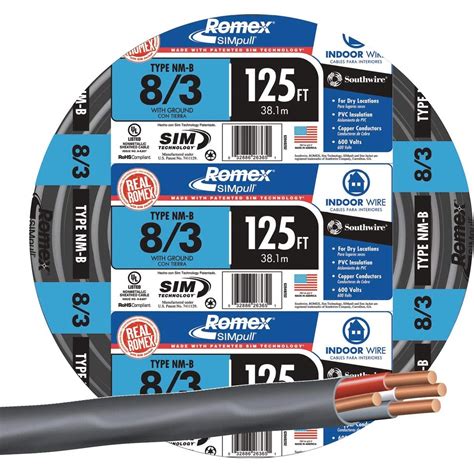Southwire 63949202 8/3 Romex Type Nm-B W/g Non-Metallic Wire, 125 ft. Black