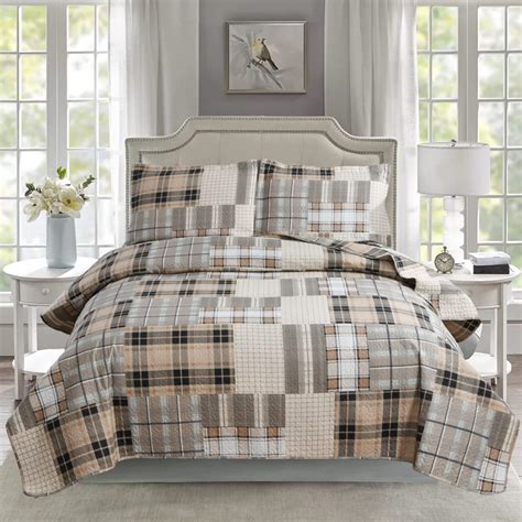 CHESITY 3-Piece Brown Plaid Bedspread Quilts Queen Size Sets ...