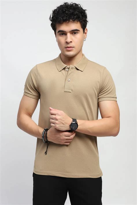 Khaki Solid Cotton Blend Polo T-Shirt – Global Republic