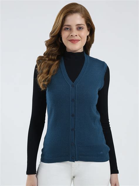 Buy Women Teal Blue Solid V Neck Sleeveless Cardigan Online in India ...