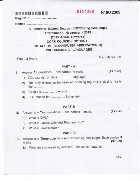 KU B.Com[CA] 5 SEM Programming languages NOV 2019 - rlll ljl l, l ll l ...