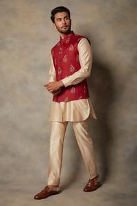 Buy Red Linen, Cotton Silk Geometric Floral Print Bundi And Kurta Set ...