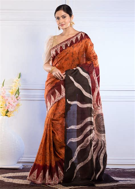 Get Rust Orange Pure Silk Batik Printed Saree at ₹ 16095 | LBB Shop