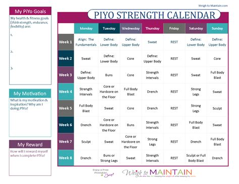printable piyo calendar and workout schedule workout calendar - pin on ...