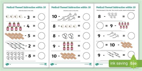 Black and White Medical-Themed Subtraction Within 10 Differentiated ...