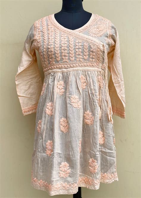 Lucknowi Chikankari Self Angrakha Short Kurti Peach Mal Chanderi With ...