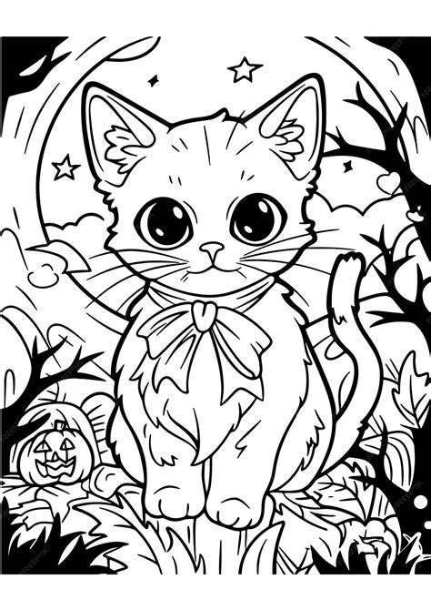 Premium Vector | Halloween cat coloring page for kids printable