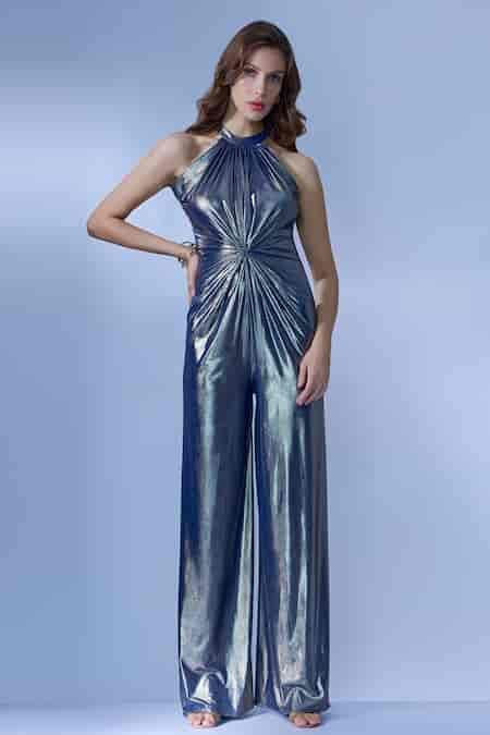 Buy Blue Polyester Halter Neck Turquoise Shimmer Jumpsuit For Women by ...
