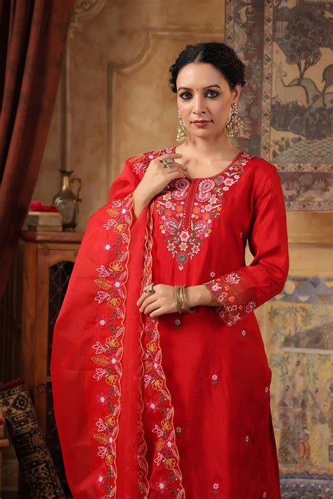 Shop Red Dupion Silk Floral Embroidered Suit Set- Elegant Ethnic Wear ...