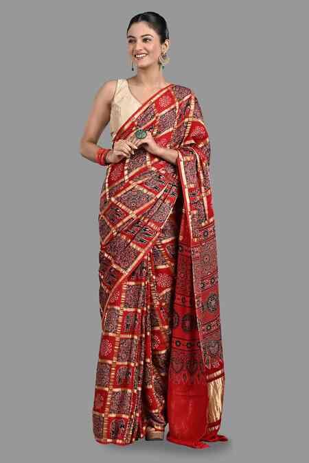 Buy Red Silk Embroidery Bandhej Patola Handloom Saree With Unstitched ...