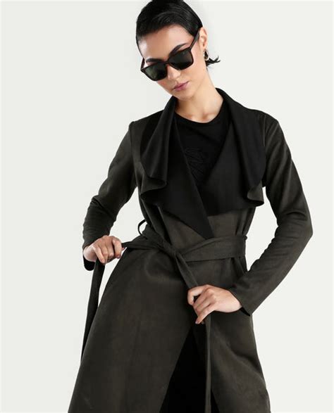 Rareism Women's Palmer 2 Olive Suede Waterfall Neck Plain Midi Boxy Fi