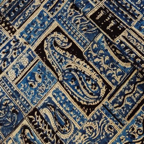 Modal Kalamkari Blue And Black Kairi Tile Hand Block Print Fabric ...