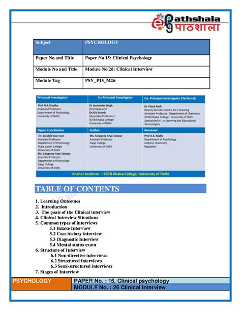 Clinical Interview - PSYCHOLOGY PAPER No. : 15. Clinical psychology ...