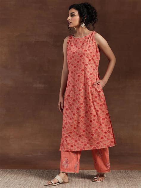 Buy Peach Printed Cotton Straight Kurta Set Online at Rs.999 | Libas