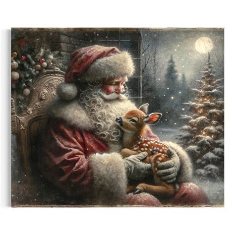 Christmas Holiday Antique Oil Painting, Vintage Santa Claus and ...