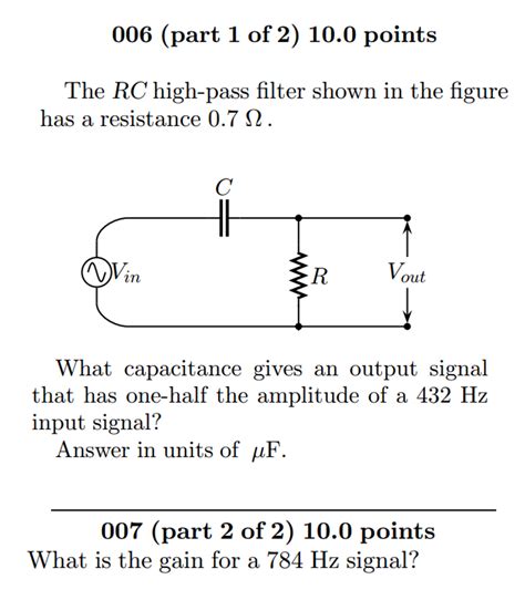 Solved The RC high-pass filter shown in the figure has a | Chegg.com