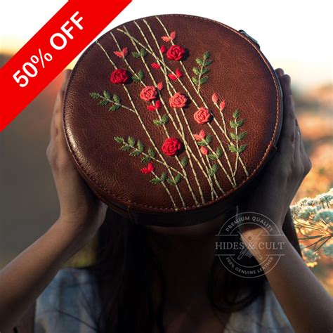 Handcrafted Brown - Red Rosebuds Embroidered Round Genuine Leather Sli ...