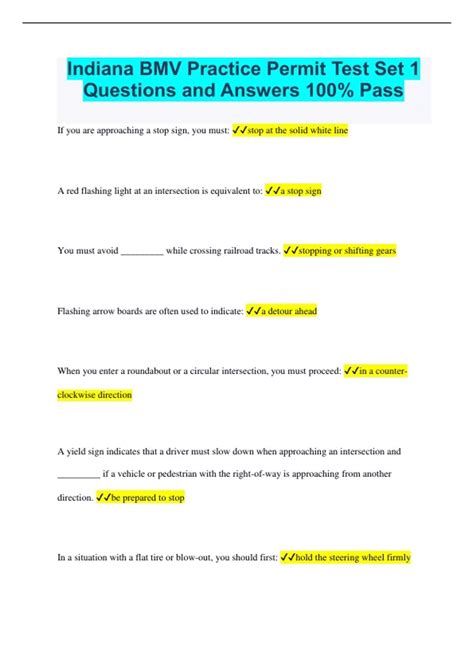 Indiana BMV Practice Permit Test Set 1 Questions and Answers 100% Pass ...