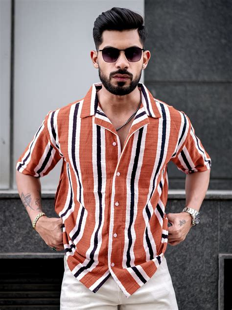 Vertical Jacquard Knit Rust Half Sleeve Shirt – ManiacLife.com