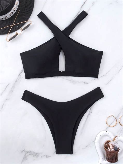 SHEIN Swim Basics Criss Cross Halter Bikini Swimsuit | SHEIN USA