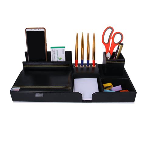 Rasper Black Leather Multipurpose Desk Organizer Pen Stand Holder With ...