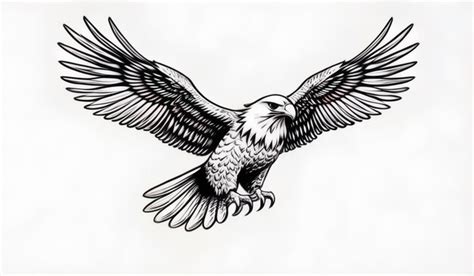 An artistic black and white drawing of an eagle midflight with wings ...