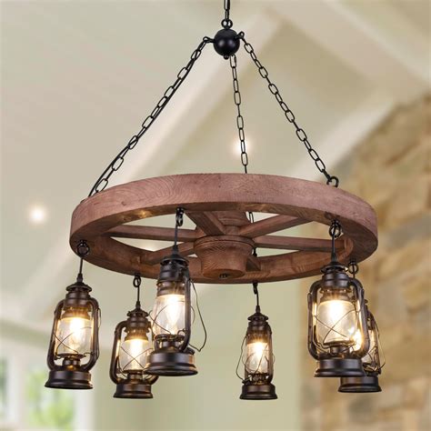 Wellmet Western Wagon Wheel Chandelier with Antique Rustic Lanterns ...