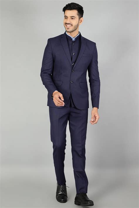 Buy Polyester Cotton Plain Blue Three Piece Suit From WINTAGE Online