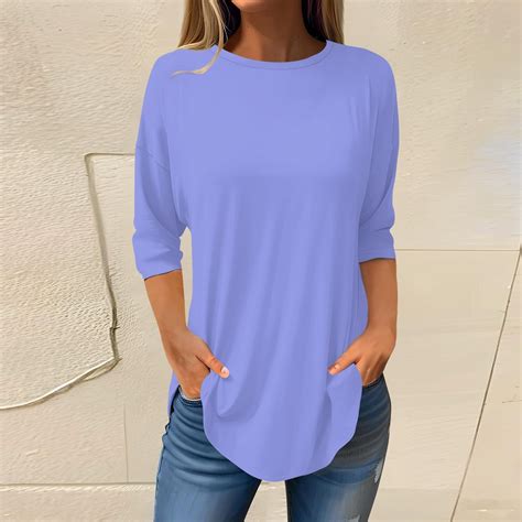 Blue Womens Tops Women's Pure Color Fashionable Casual Round Neck and ...