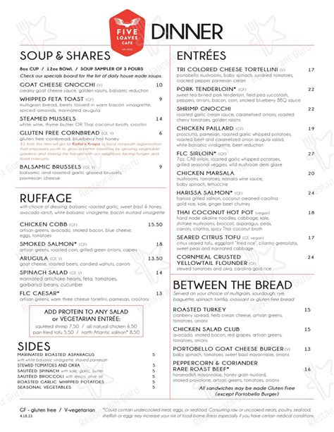 Menu at Five Loaves Cafe, Mount Pleasant, Johnnie Dodds Blvd #100