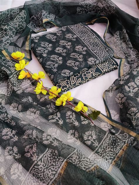 Pure Kota Doriya Hand Block Printed Unstitched Suit With Dupatta – fab ...