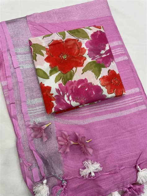 Cotton Handloom Plain linen Saree – Bagru Hastkala Printers
