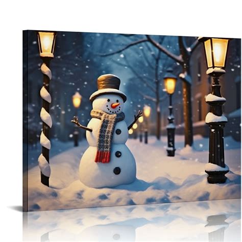 Nawypu Christmas Snowman Canvas Wall Art Lovely Snowmen Wearing Gray ...