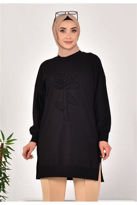 Black Double Thread Fabric Sweatshirt with Pearls and Embroidery ...