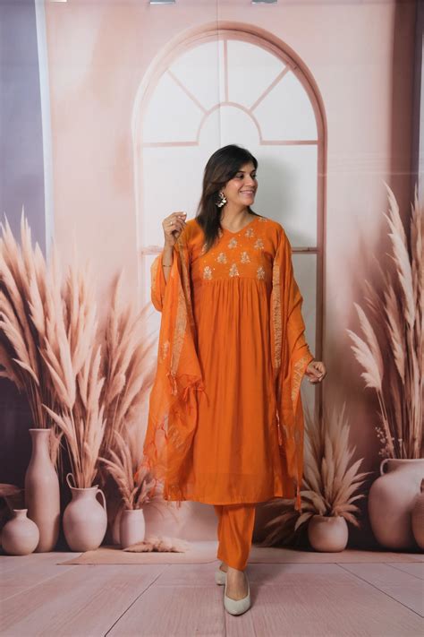 Orange A-Line Dupatta Set in Mul Chanderi with Sequins Embroidery ...