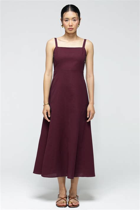 Buy a Merlot Cotton Dress Solid Sleeveless Fit and Flare Fiora Linen ...