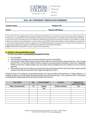 Fillable Online catawba 2016 2017 DEPENDENT VERIFICATION WORKSHEET ...