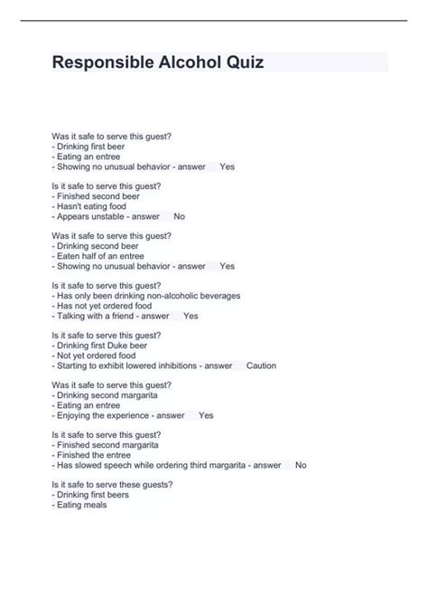 Responsible Alcohol Quiz Questions with solutions 2024 - Alcohol ...
