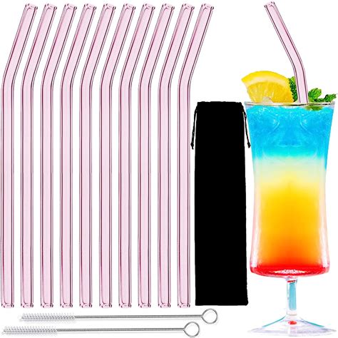 Buy LINALL Pink Bent Glass Straw Set - 10pcs, 8' Reusable Straws With ...