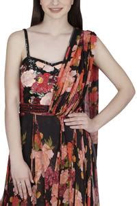 Buy Black Georgette Sweetheart Neck Floral Print Draped Dress For Women ...