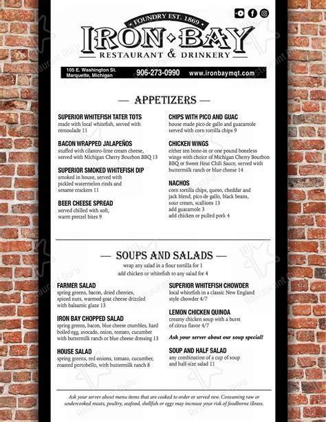 Menu at Iron Bay Tap Room pub & bar, Marquette