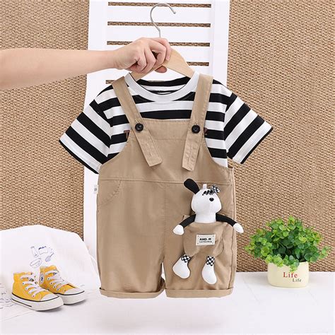 Boys Black Stripes Short Sleeve T-Shirt And Dungaree Set With Teddy Ap ...